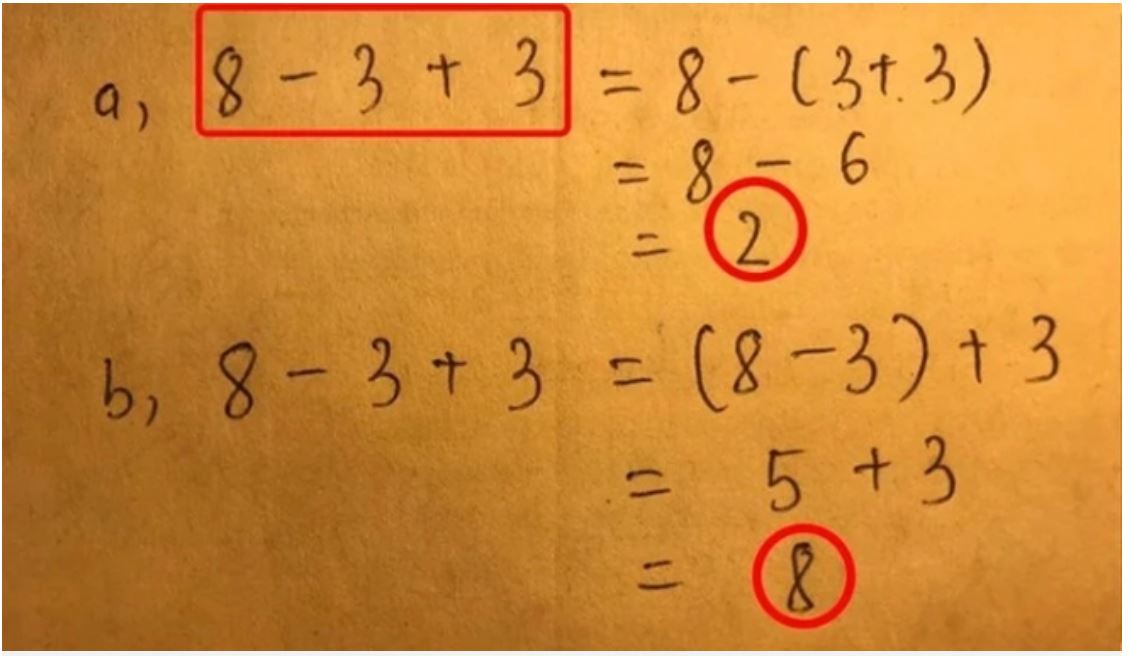 Thêm 1 bài Toán khiến dân tình tranh cãi từ sáng tới khuya, đích thân giáo viên phải lên tiếng: 8 – 3 + 3 sẽ bằng 2 hay 8?