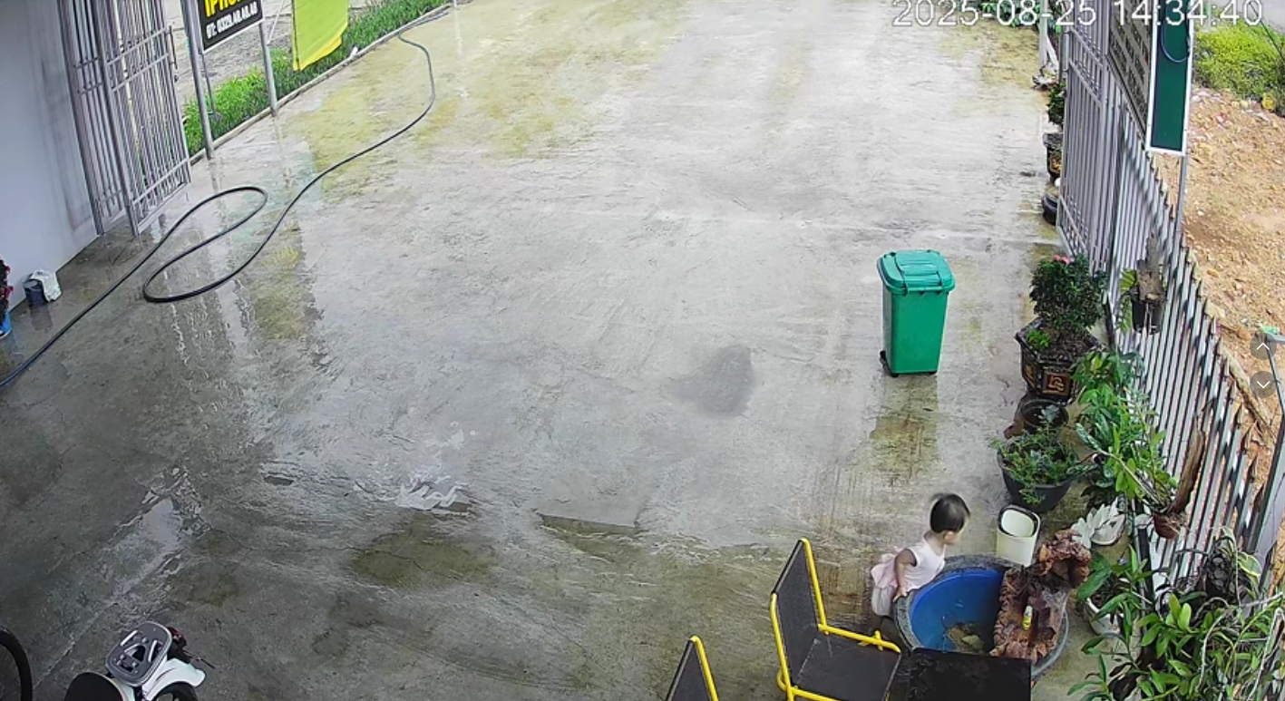 VIDEO: Thót tim cháu bé chập chững biết đi ngã úp mặt xuống nước trong lúc bố làm vườn