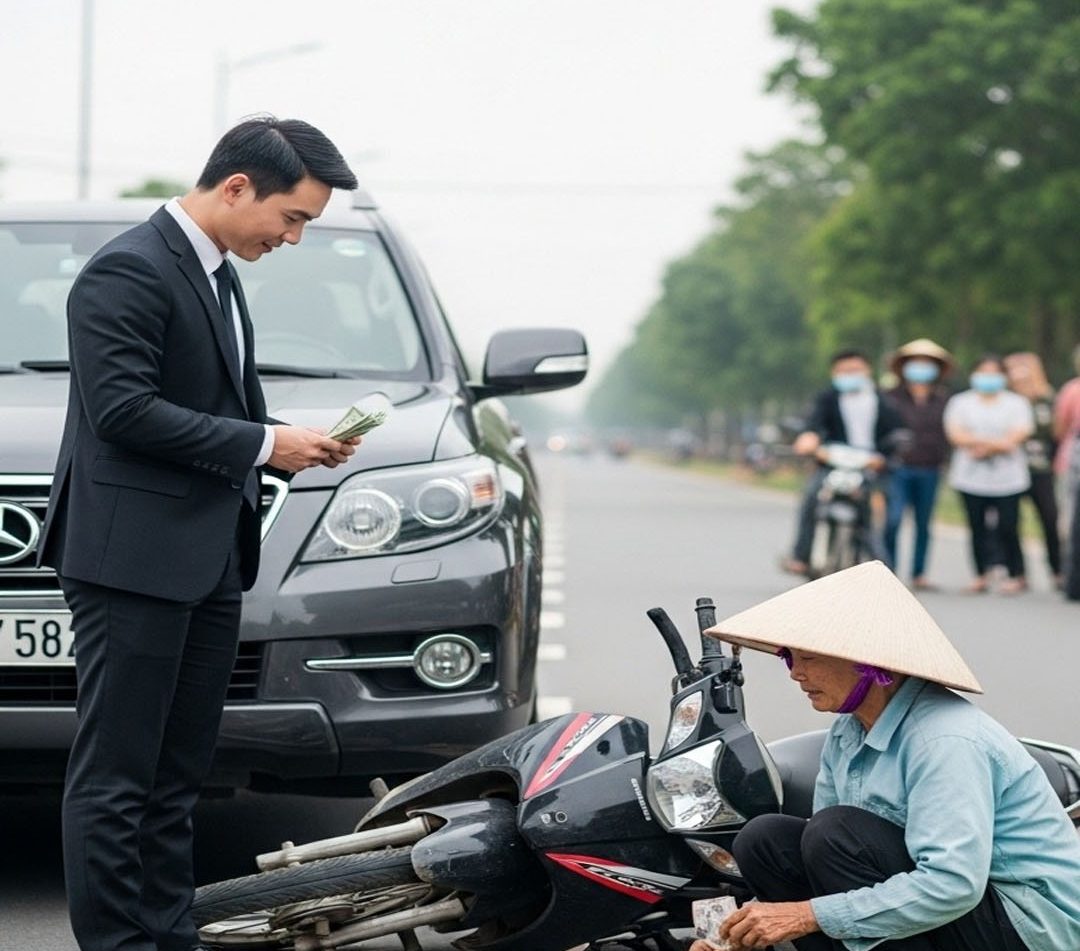 Gã giám đốc va chạm với ông lão chở trứng khiến trứng vỡ tung tóe. Hắn khó chịu xuống xe…