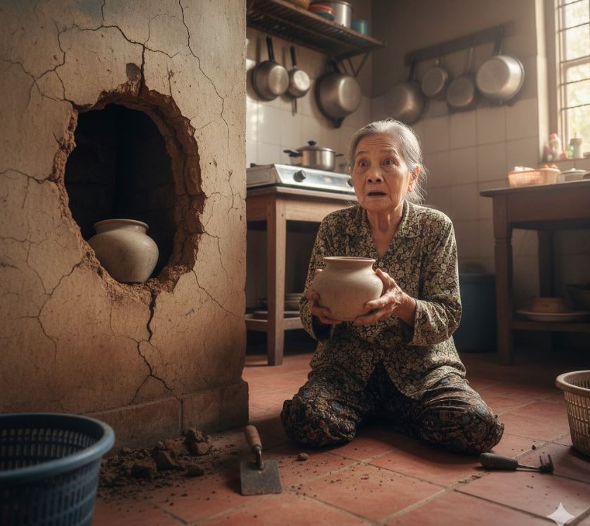TTrong lúc sửa bếp, bà Tự vô tình phát hiện một hũ đất trong tường suốt 40 năm do người chồng mattich…
