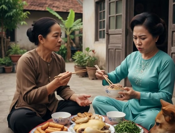 Gắp cho thông gia giàu miếng thịt gà, tôi ngỡ ngàng thấy mặt bà ấy nhăn lại, không hề đụng đũa